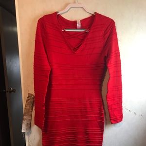 Bright red, form-fitted, calf length dress!